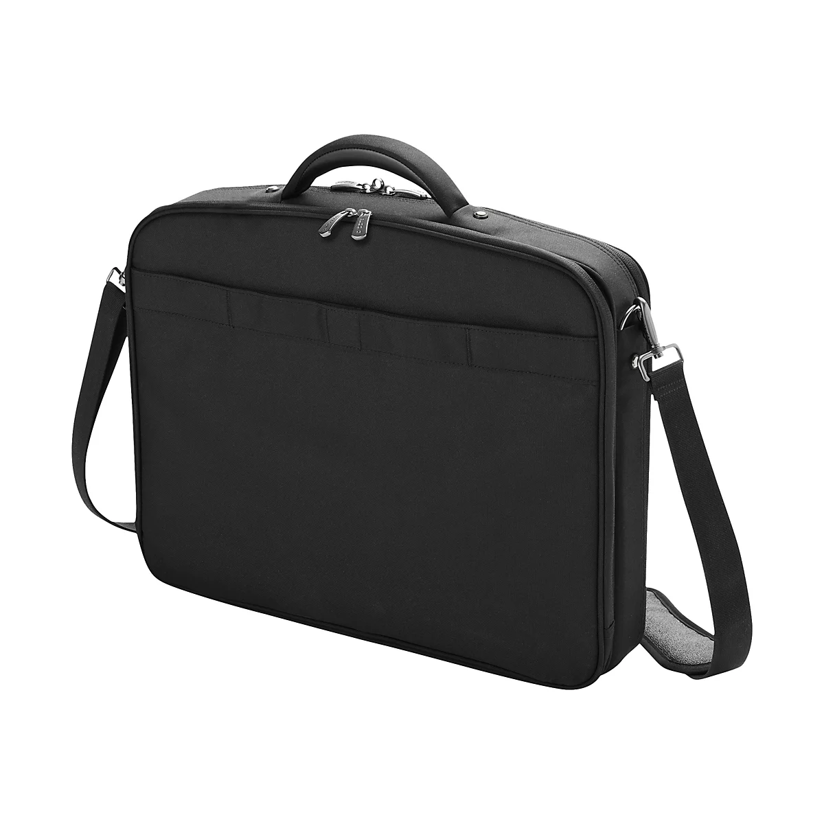 Schwarze Laptoptasche mit Schulterriemen, Henkelgriff und silbernen Reißverschlüssen. Fronttasche mit Ziernähten.