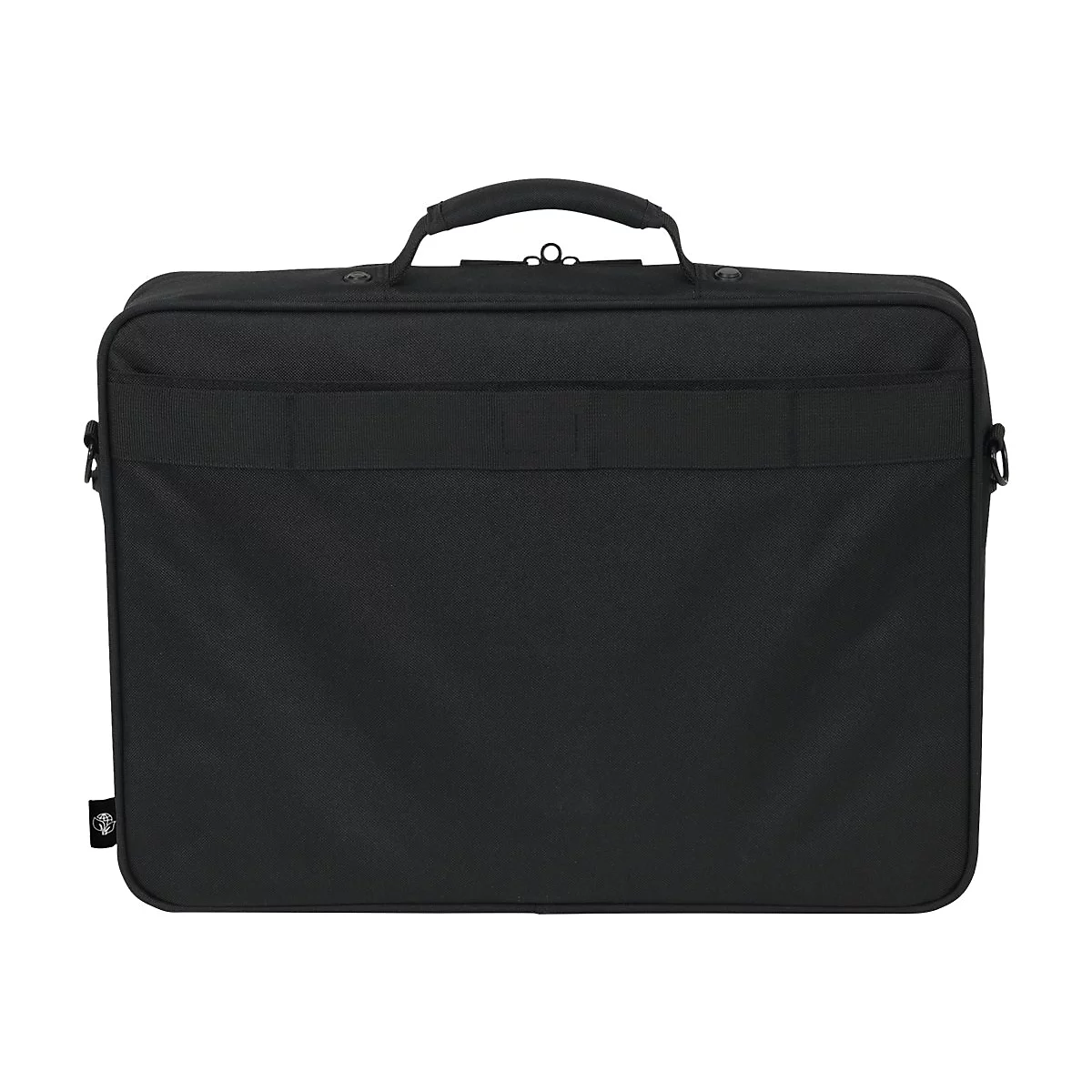 Schwarze Laptoptasche mit Tragegriff, Schultergurt und Logo.