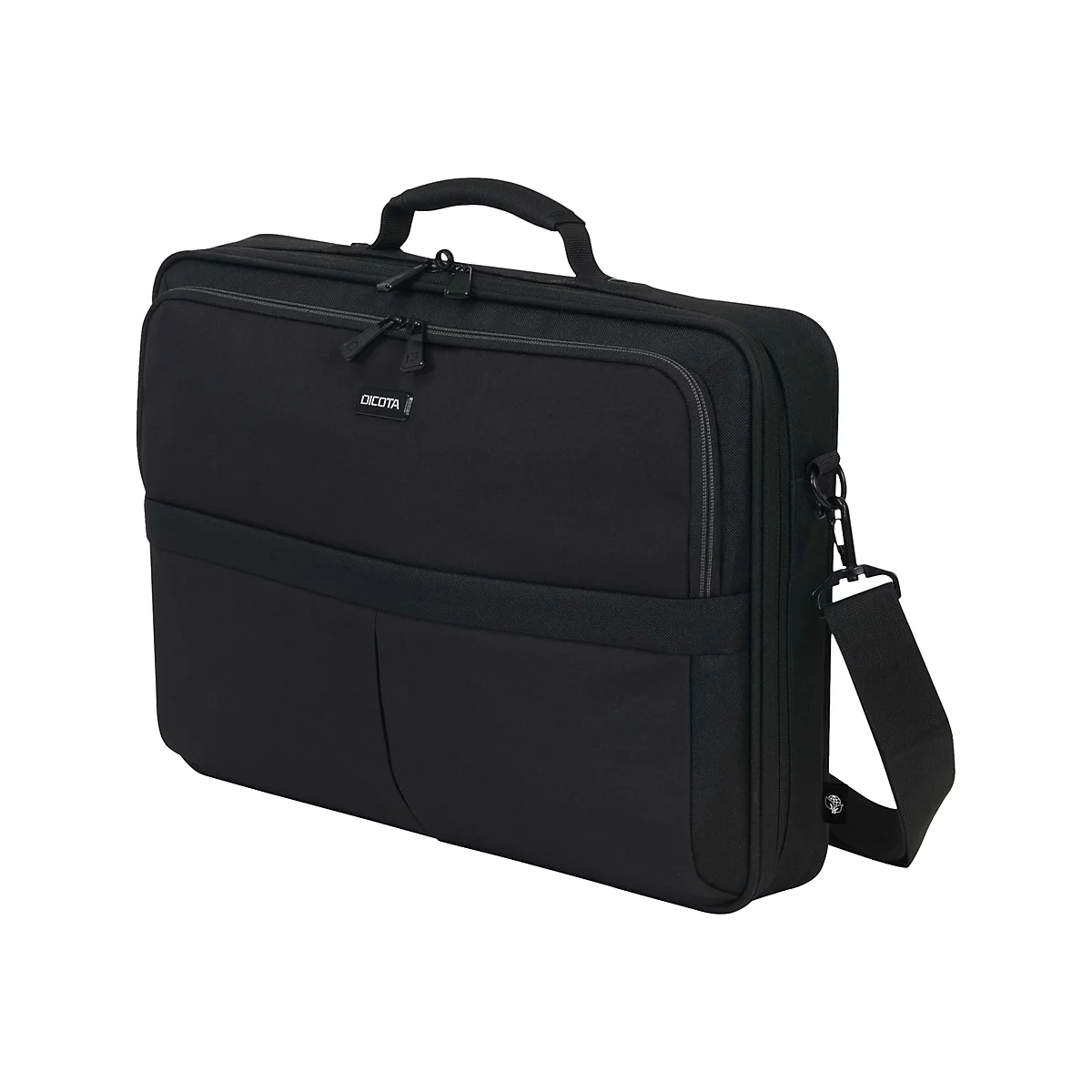 Schwarze Laptoptasche mit Tragegriff, Schultergurt und Reißverschlüssen, Marke DICOTA.