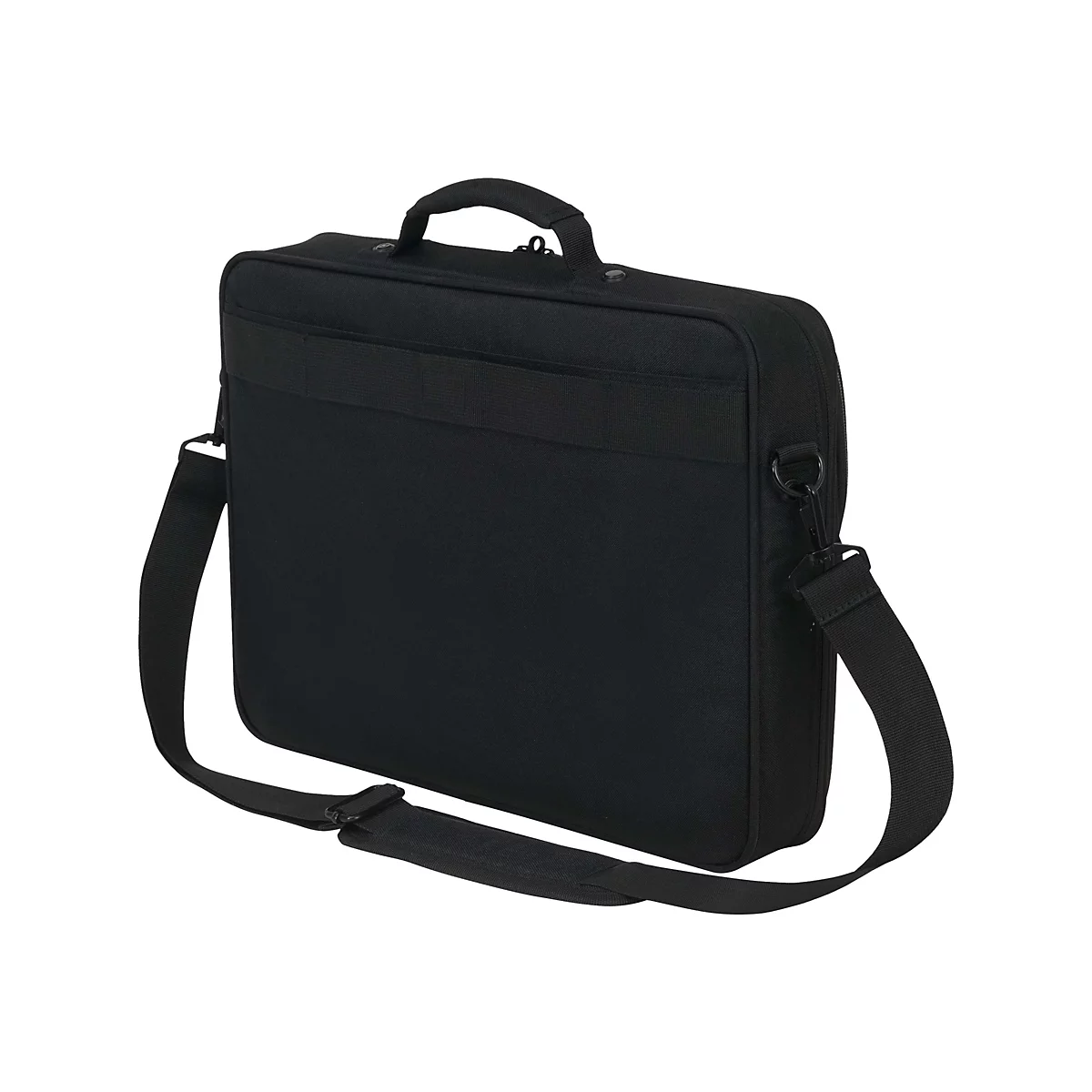 Schwarze Laptoptasche mit Tragegriff und Schultergurt. Auf weißem Hintergrund.