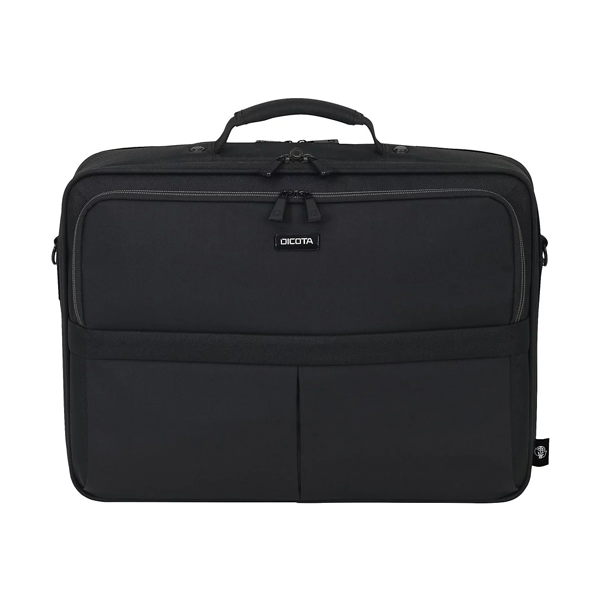 Schwarze Laptoptasche mit Tragegriff und Logo.