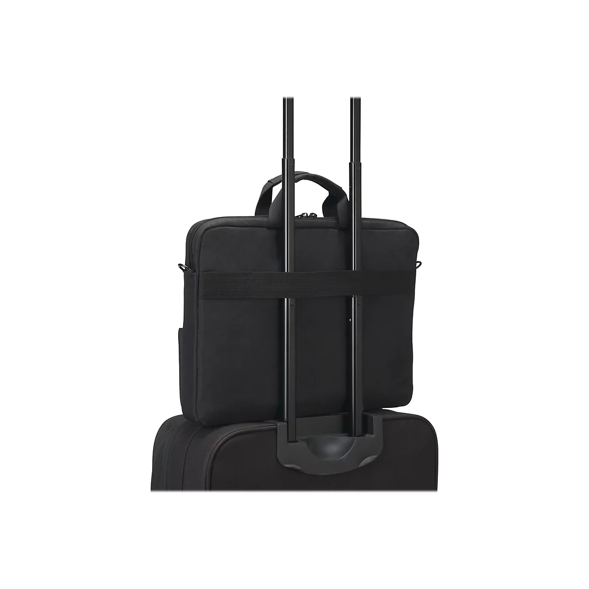 Schwarze Laptoptasche auf einem schwarzen Trolley. Der Griff des Trolleys ist ausgefahren.