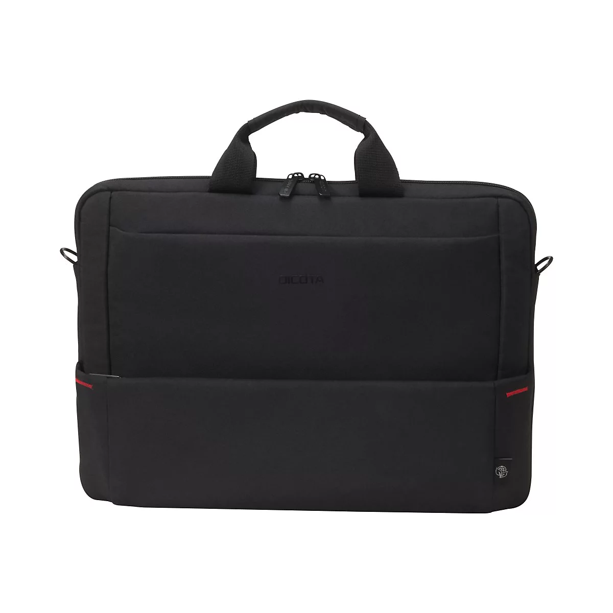 Schwarze Laptoptasche mit Tragegriff und rotem Akzent. Auf der Tasche steht "DICOTA".