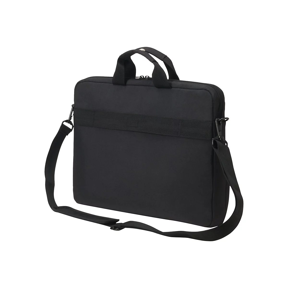 Schwarze Laptoptasche mit Tragegriff und Schultergurt. Auf weißem Hintergrund.