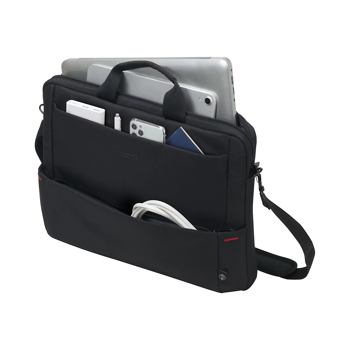 Schwarze Laptoptasche, gefüllt mit Laptop, Tablet und Zubehör. In der Tasche sind auch ein Handy, Ladegerät und Notizbuch.
