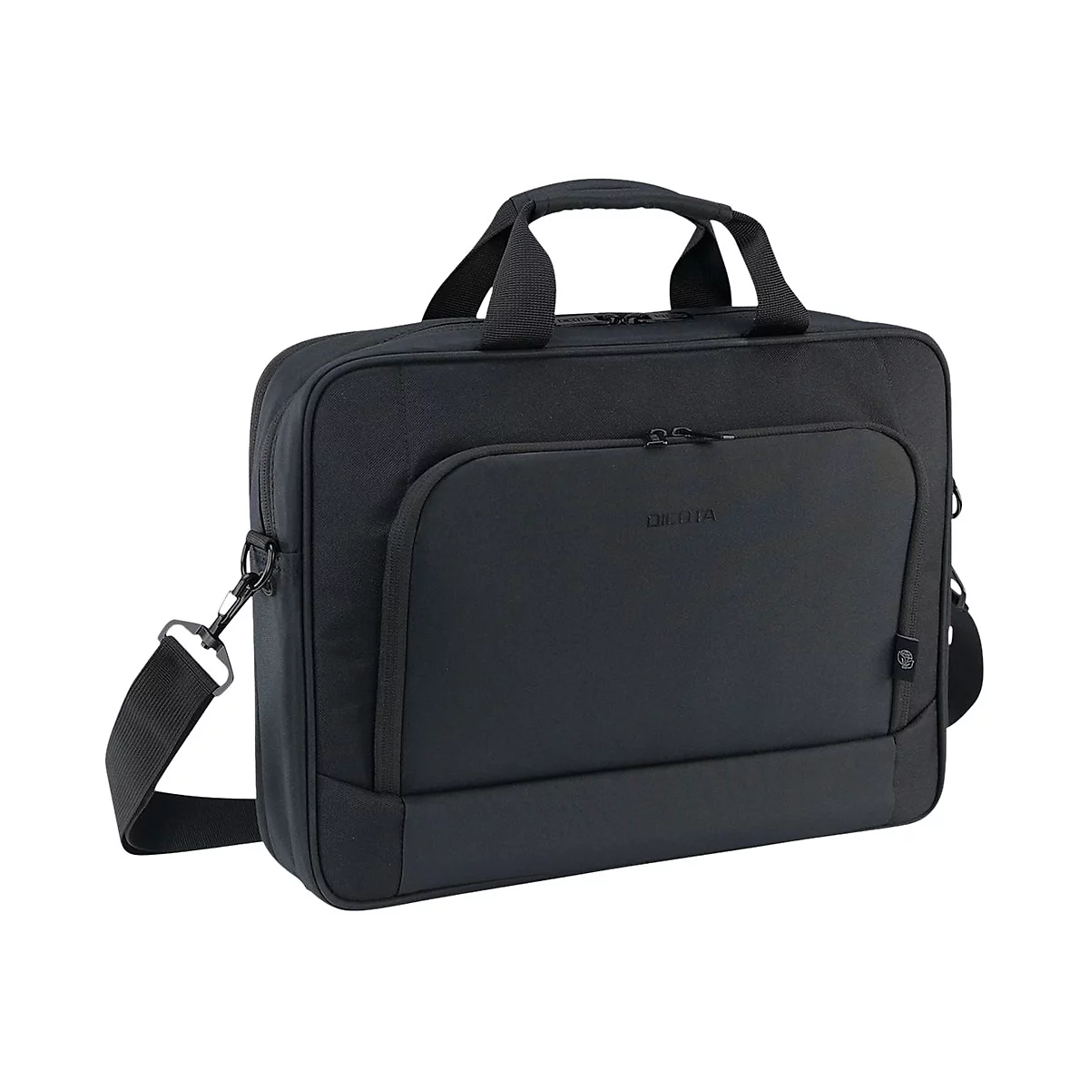 Schwarze Laptoptasche mit Tragegriff, Schultergurt und Reißverschluss. Auf der Tasche ist der Schriftzug "DILITA" zu sehen.