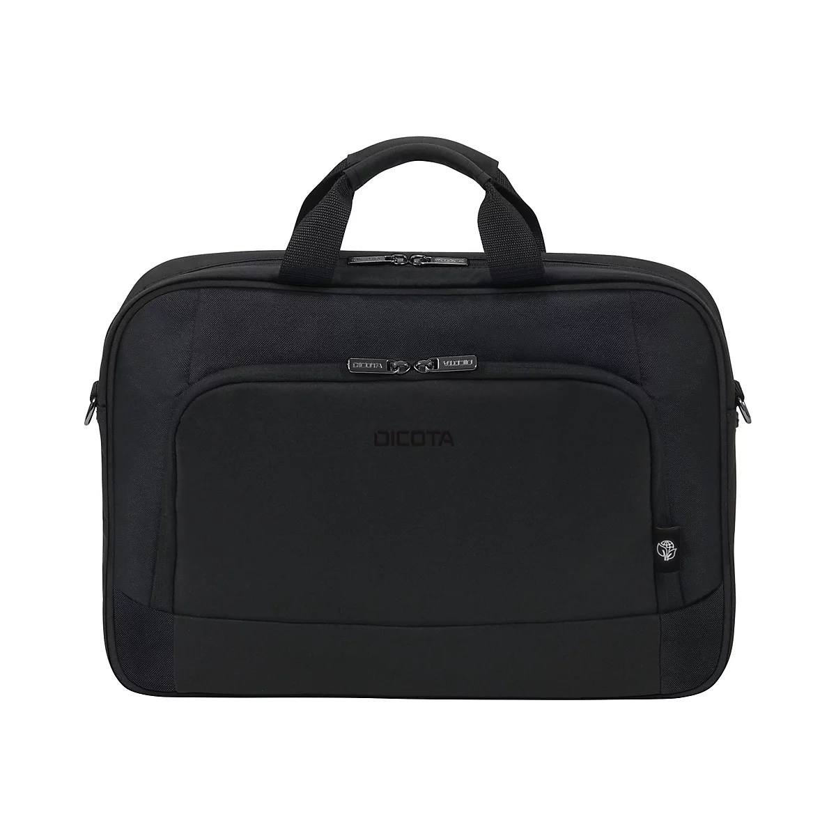 Schwarze Laptoptasche mit Tragegriff. Auf der Tasche befindet sich der Schriftzug DICOTA.