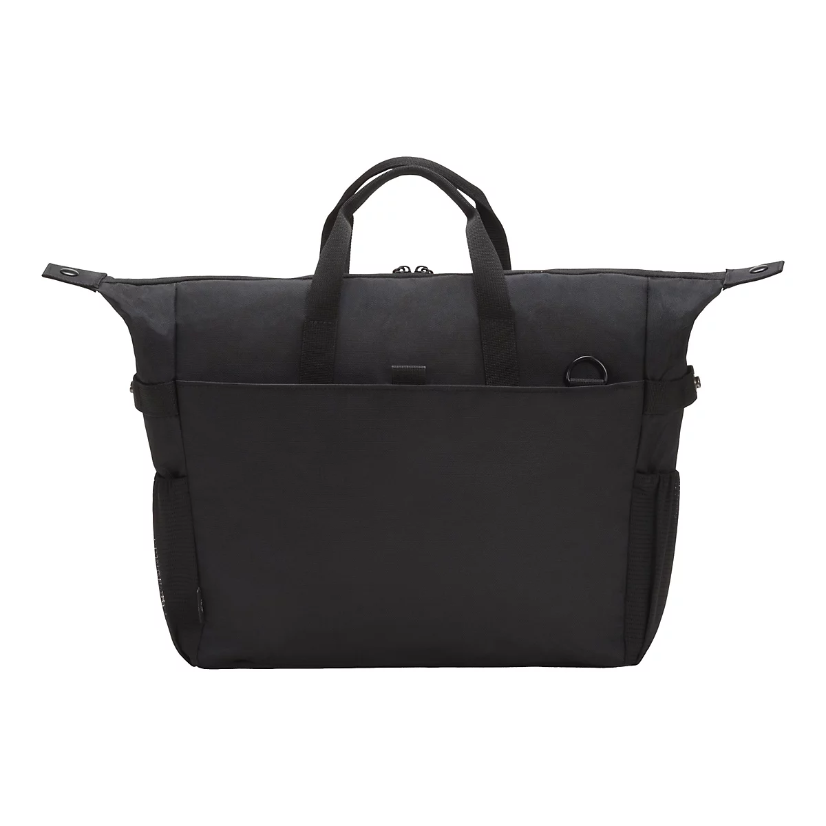 Schwarze Handtasche mit Griffen, Fronttasche und seitlichen Netztaschen, vor weißem Hintergrund.