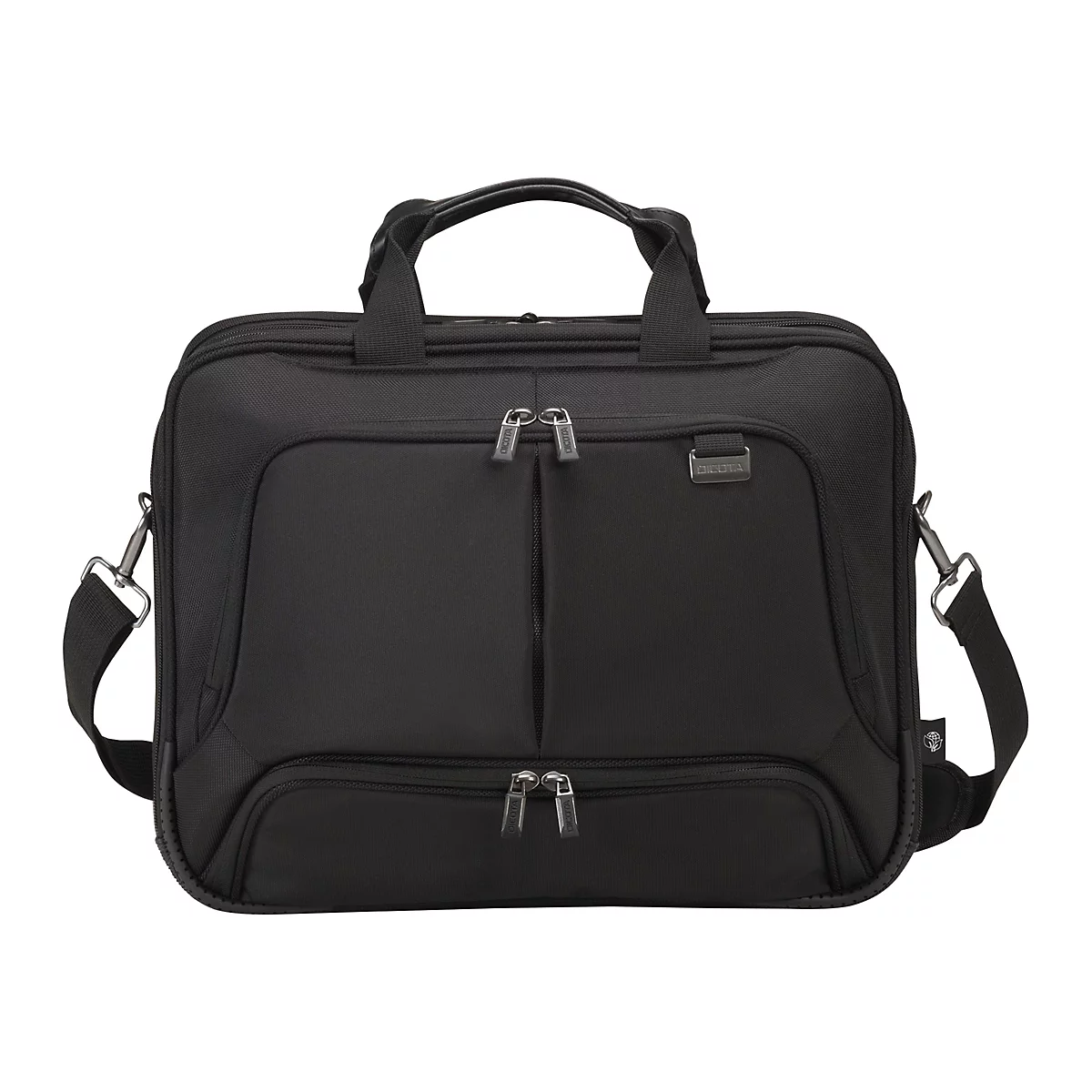 Schwarze Laptoptasche, vorne Reißverschluss, mit Griffen und Schultergurt.