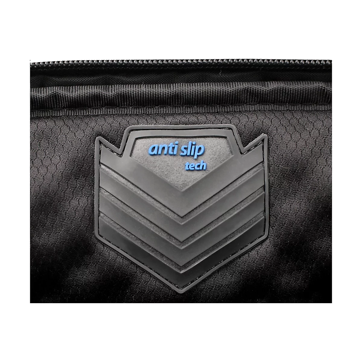 Detailaufnahme einer schwarzen Tasche mit blauem 'anti slip tech'-Logo.