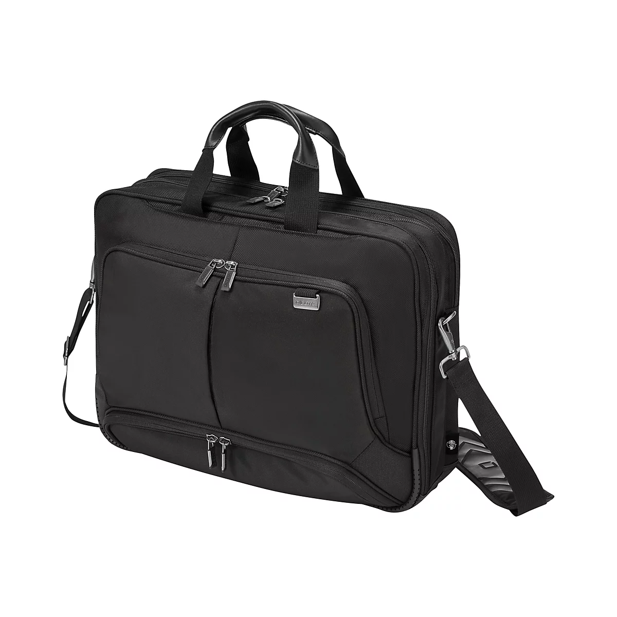 Schwarze Laptoptasche mit Tragegriff, Schultergurt und Reißverschlüssen.