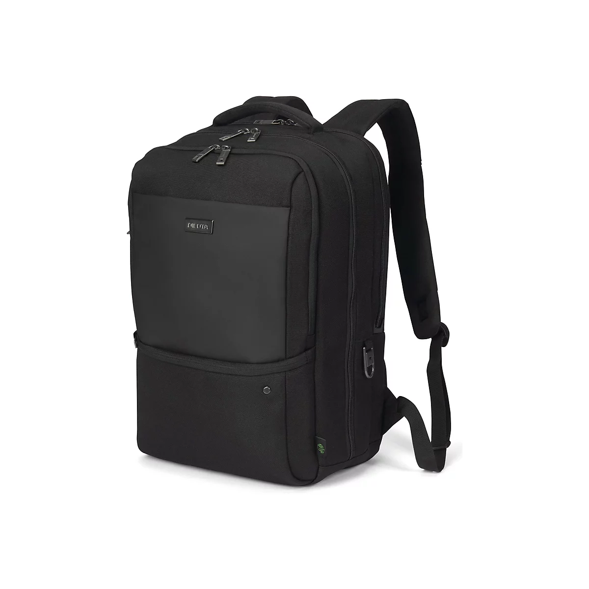 Schwarzer Rucksack mit mehreren Fächern und Reißverschlüssen, Digita-Logo. Auf weißem Hintergrund.