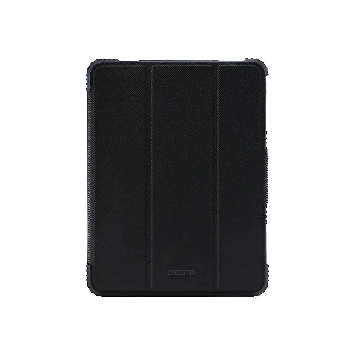Schwarze Tablet-Hülle mit geriffelter Oberfläche und DICOTA-Logo.