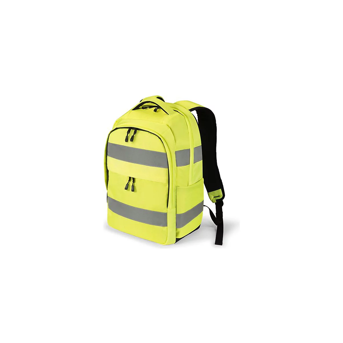 Gelber Rucksack mit reflektierenden Streifen und schwarzen Details. Auf weißem Hintergrund.