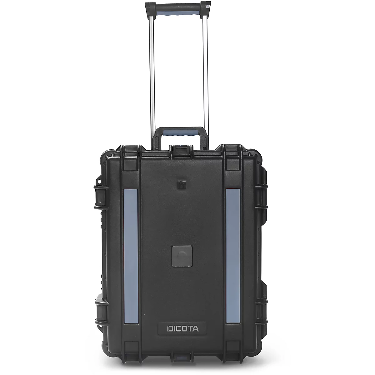 Schwarzer Dicota Trolley vor weißem Hintergrund. Mit ausziehbarem Griff und zwei blauen Streifen.