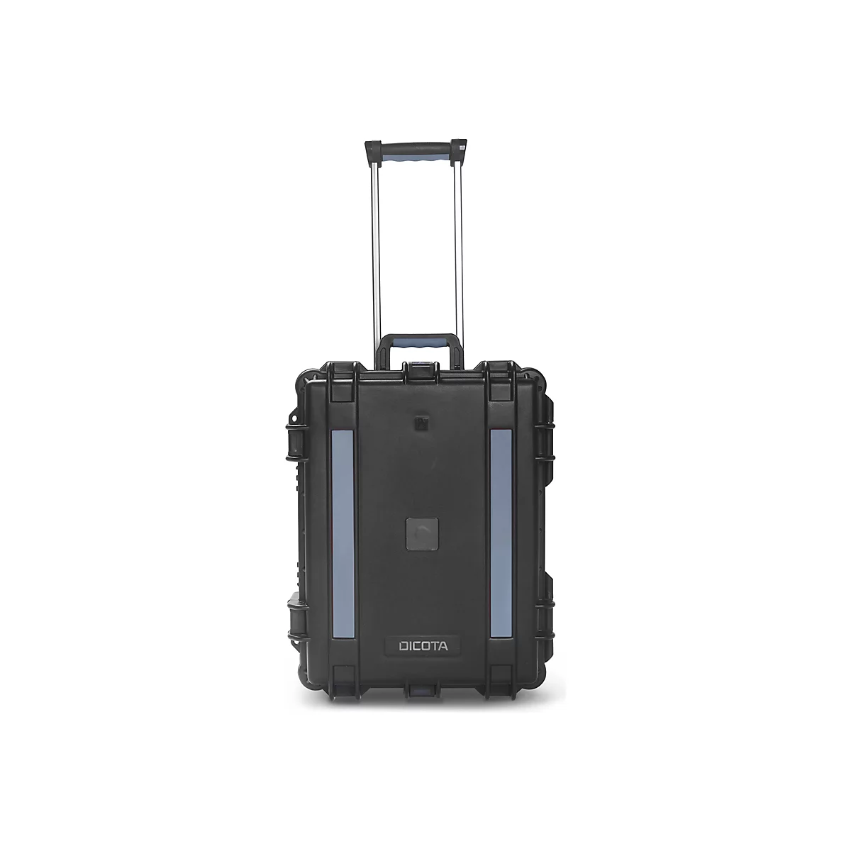 Schwarzer Trolley Koffer mit ausziehbarem Griff und blauem Akzent, vor weißem Hintergrund. Das Logo "DICOTA" ist sichtbar.