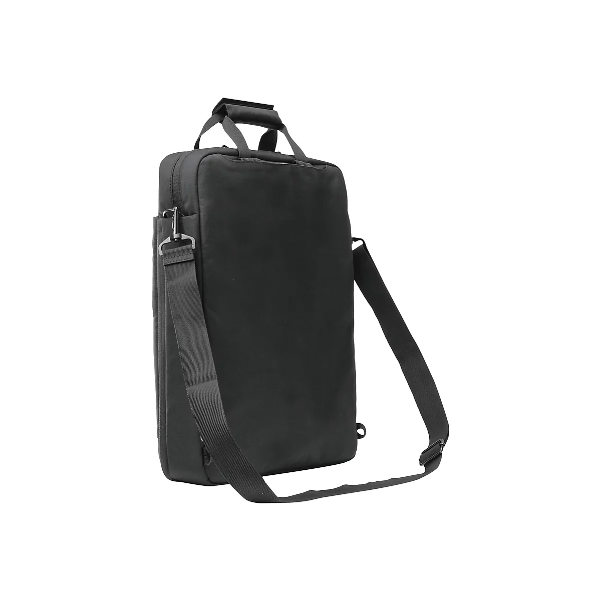 Schwarze Laptoptasche mit Tragegriff und Schulterriemen, freigestellt vor weißem Hintergrund.