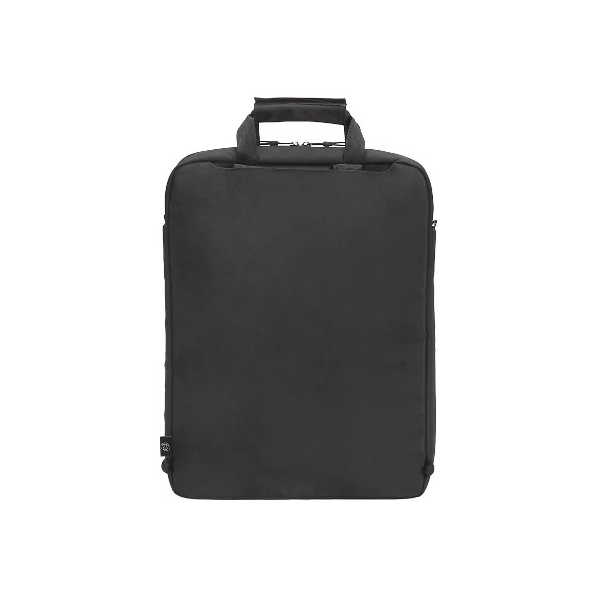 Ein schwarzer Laptop-Rucksack mit Tragegriff und Reißverschluss.
