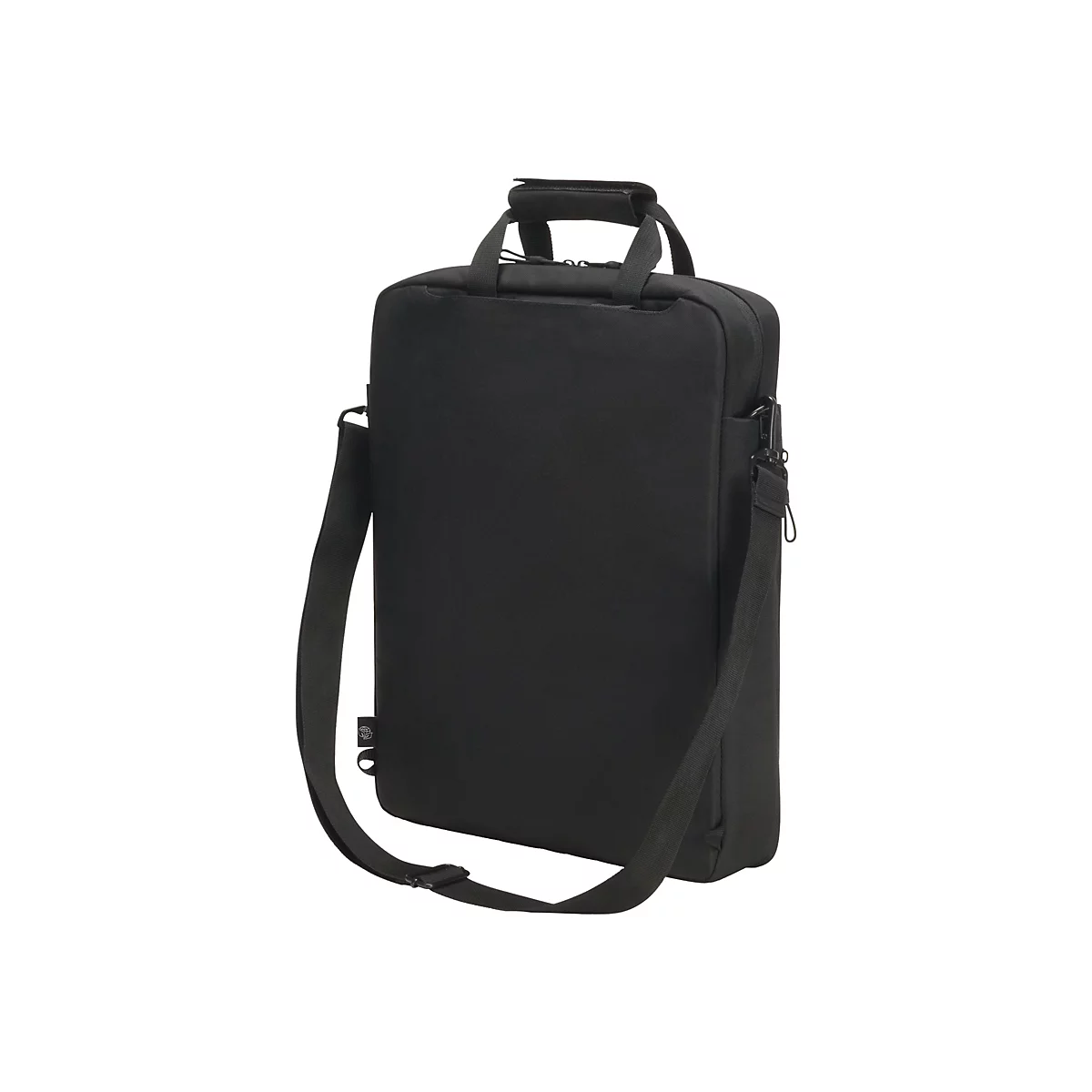 Schwarze Laptoptasche mit Tragegriff und Schultergurt. Auf weißem Hintergrund.