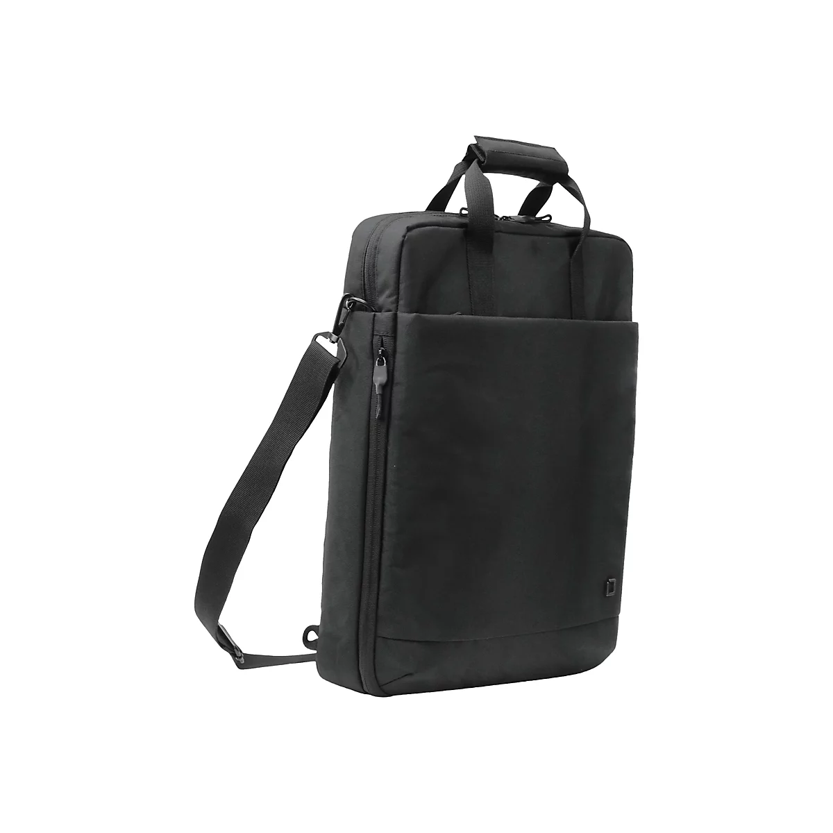 Schwarze Laptoptasche mit Schulterriemen, Reißverschluss und Tragegriff. Auf hellem Hintergrund.