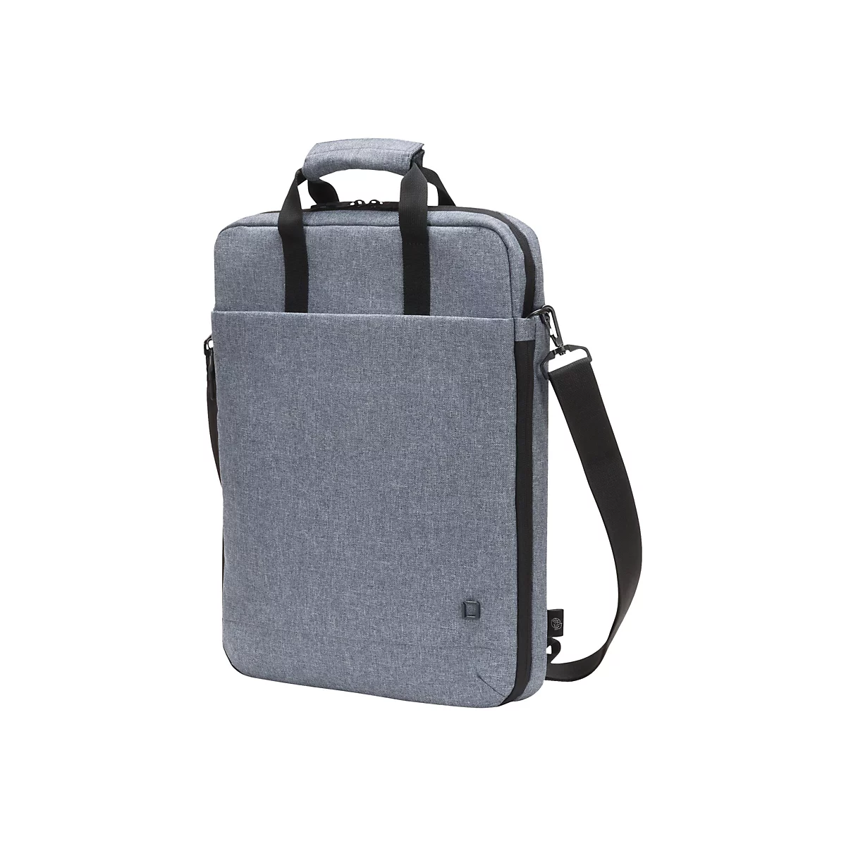 Graue Laptoptasche mit Tragegriff und Schulterriemen. Der Hintergrund ist weiß.