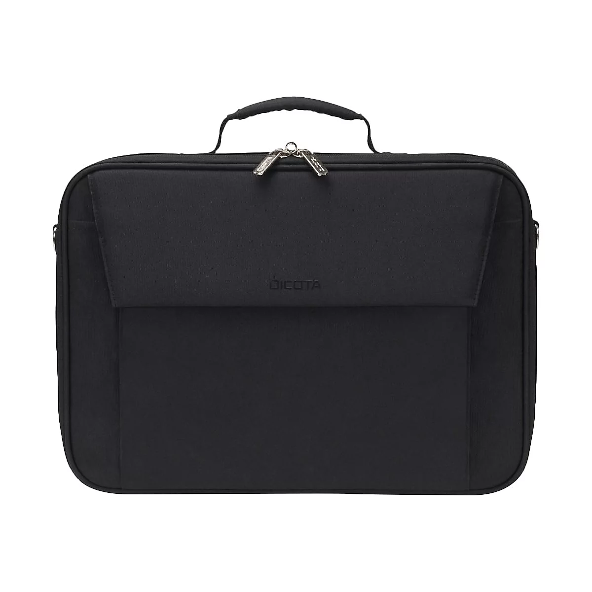 Schwarze Laptoptasche mit Tragegriff und ReiÃŸverschluss.
