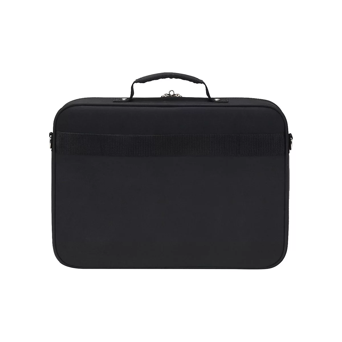 Schwarze Laptoptasche mit Henkel und Schultergurt, auf weiÃŸem Hintergrund. Der ReiÃŸverschluss ist silberfarben.