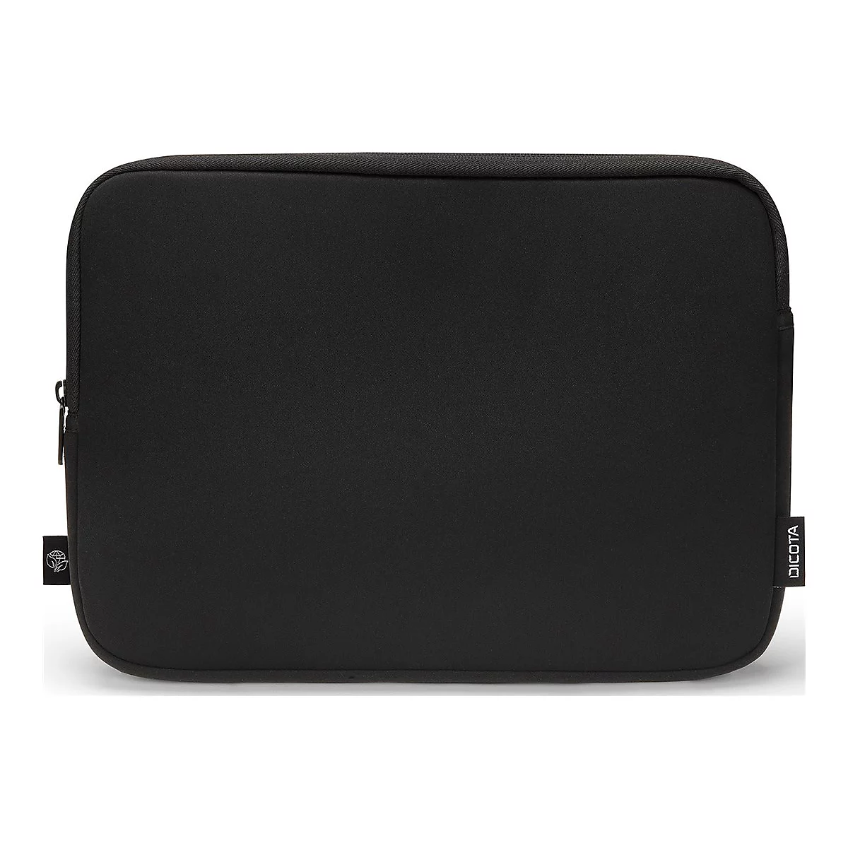 Schwarze Laptoptasche, DIKOTA-Logo. Reißverschluss, rechteckige Form.