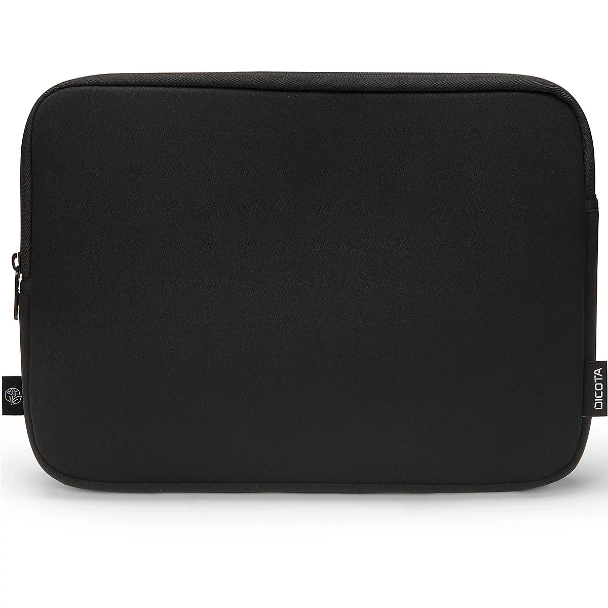 Schwarze Laptoptasche mit Reißverschluss und Logo. Texturierte Oberfläche. Label mit Firmenlogo DICOTA.