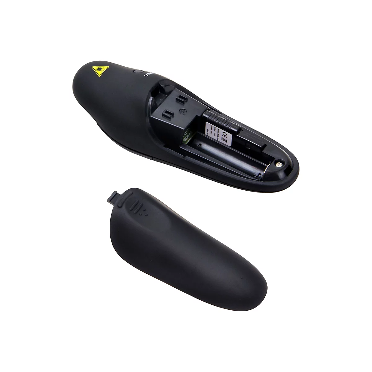 Pointeur laser noir avec compartiment à piles ouvert et couvercle retiré. Symbole d'avertissement laser jaune.