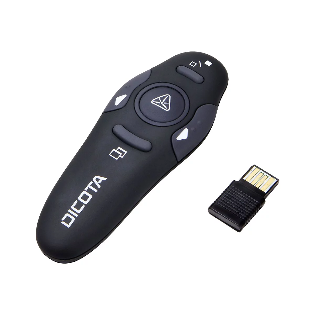 Pointeur laser de présentation noir avec dongle USB. Boutons avec symboles et lettrage de la marque DICOTA.