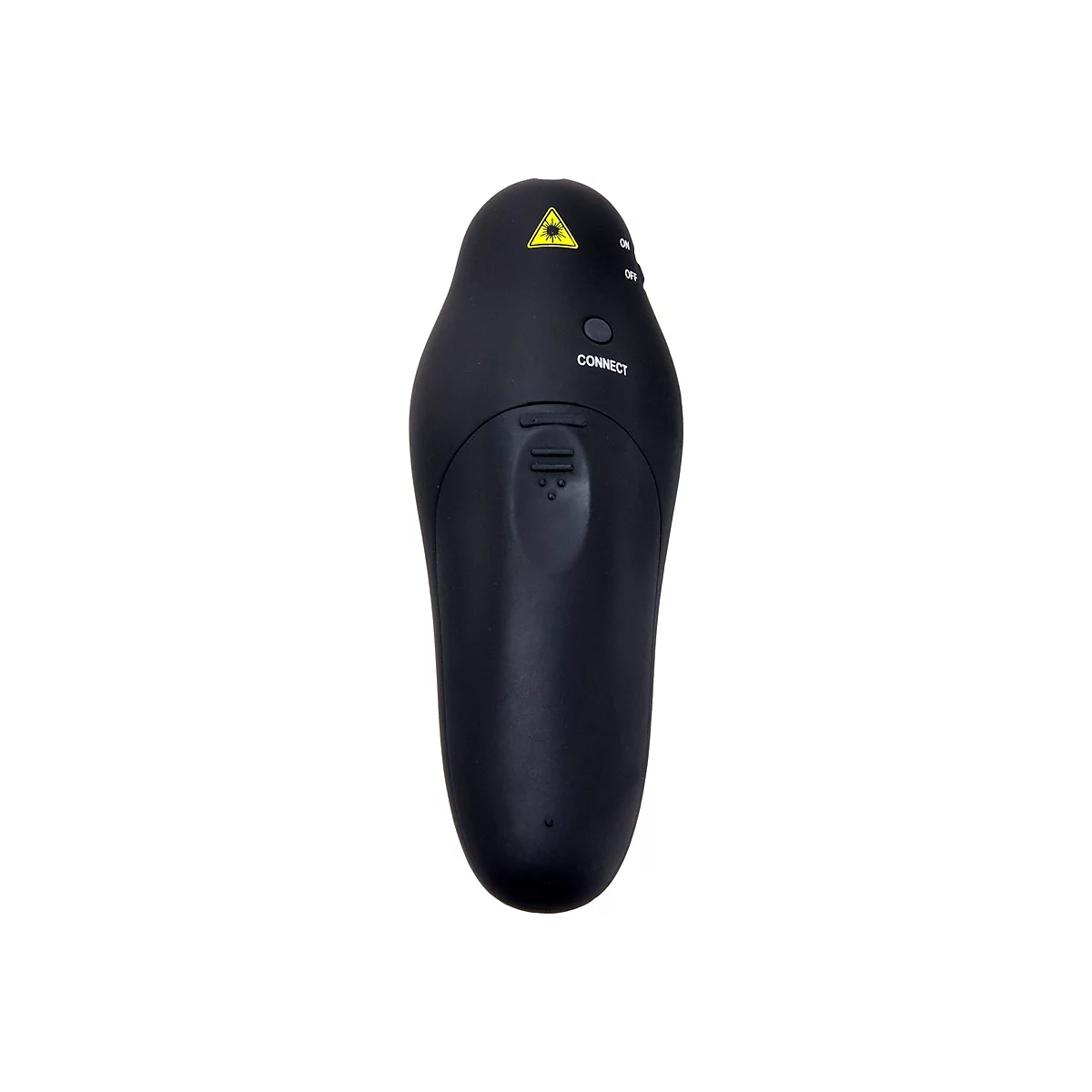 Schwarzer Präsentationslaserpointer mit Knöpfen. Oben gelbes Dreiecksymbol mit Laserstrahlen, darunter ON, OFF und CONNECT Beschriftung.