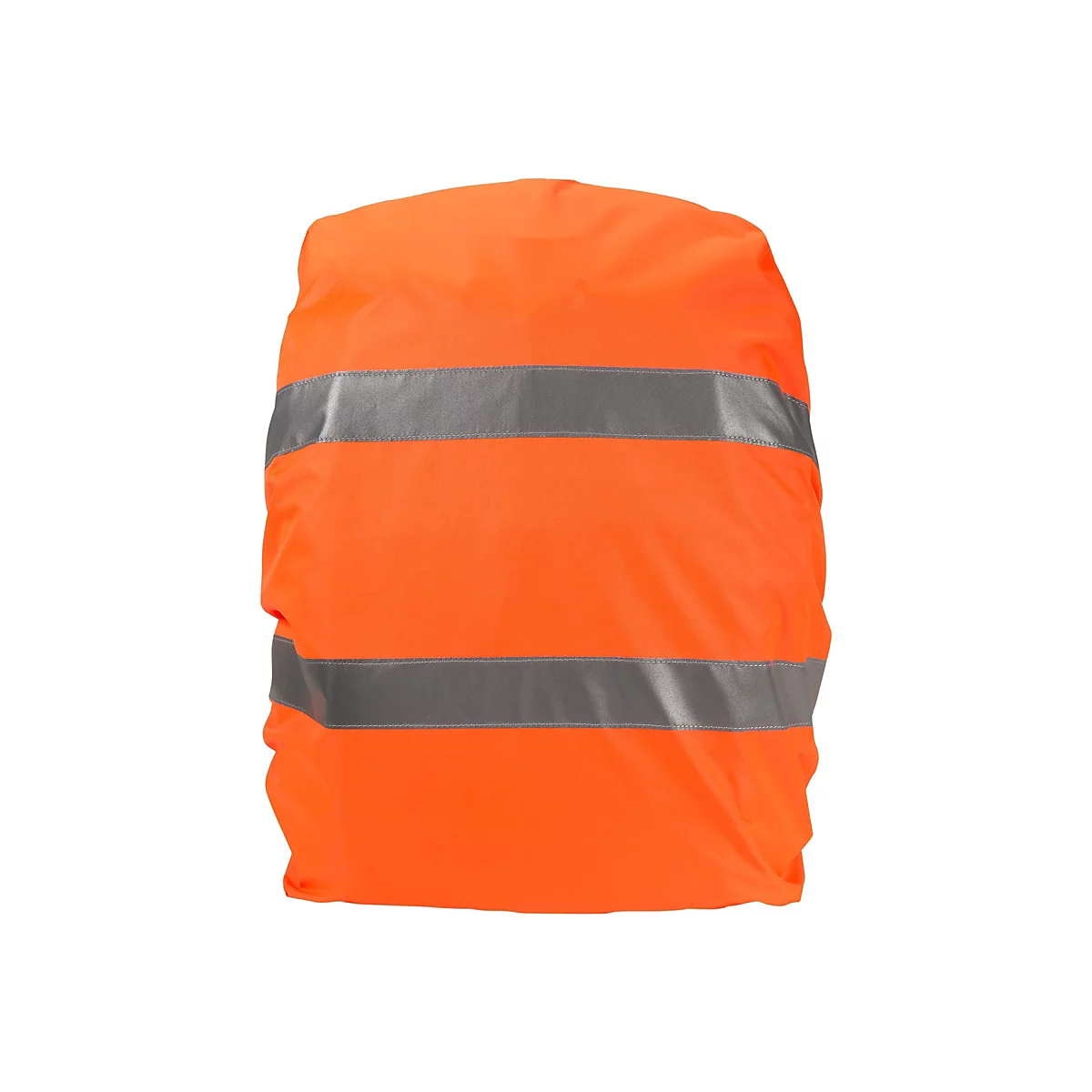 Eine orangefarbene Sicherheitsweste mit zwei breiten, grauen reflektierenden Streifen.