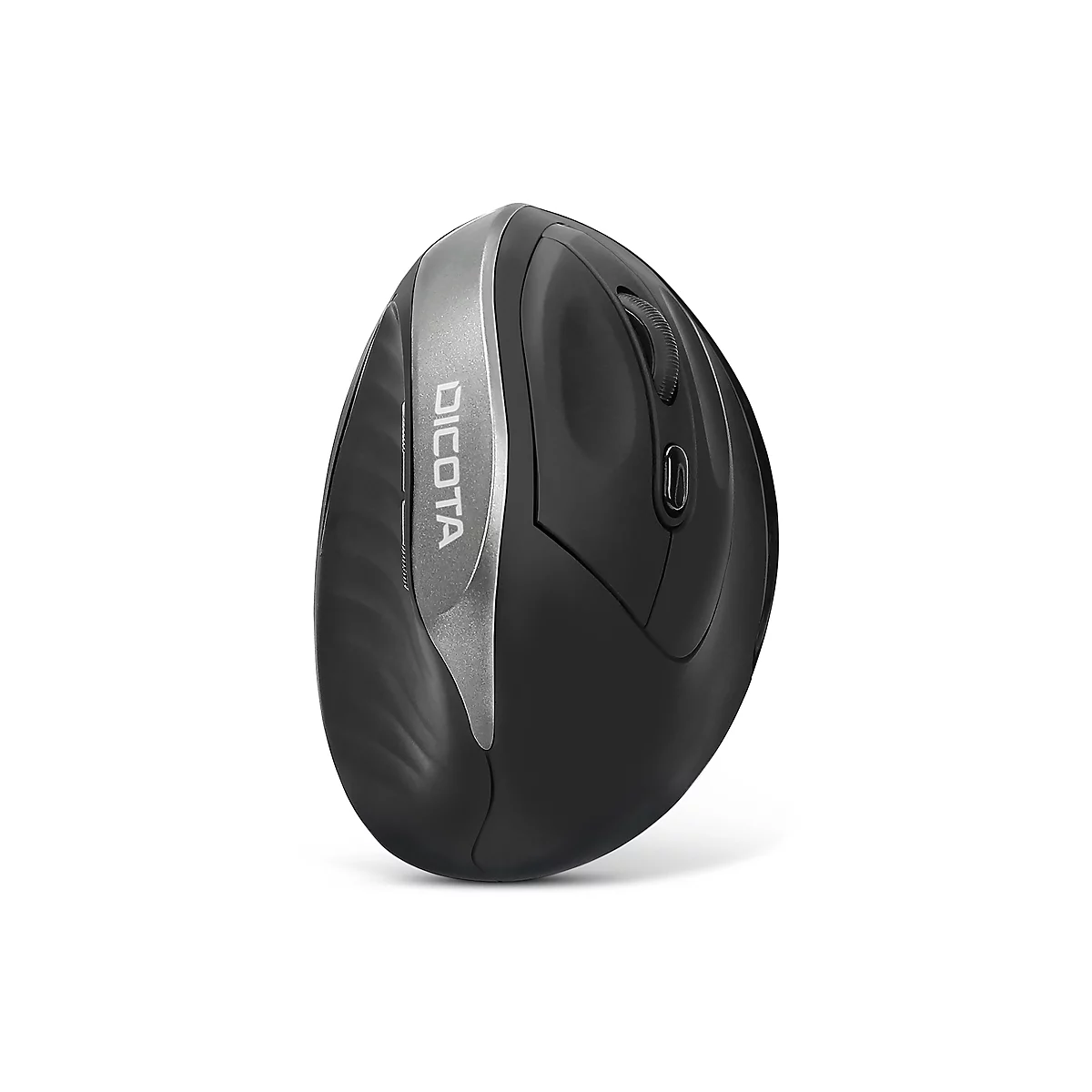 Schwarze ergonomische Maus mit silberfarbenem Streifen und Rollrad. Der Name "DICOTA" ist aufgedruckt.