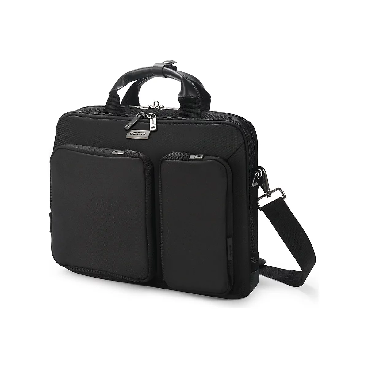 Schwarze Laptoptasche mit Tragegriff, Schultergurt und zwei aufgesetzten Fronttaschen. Das Logo DICOTA ist sichtbar.