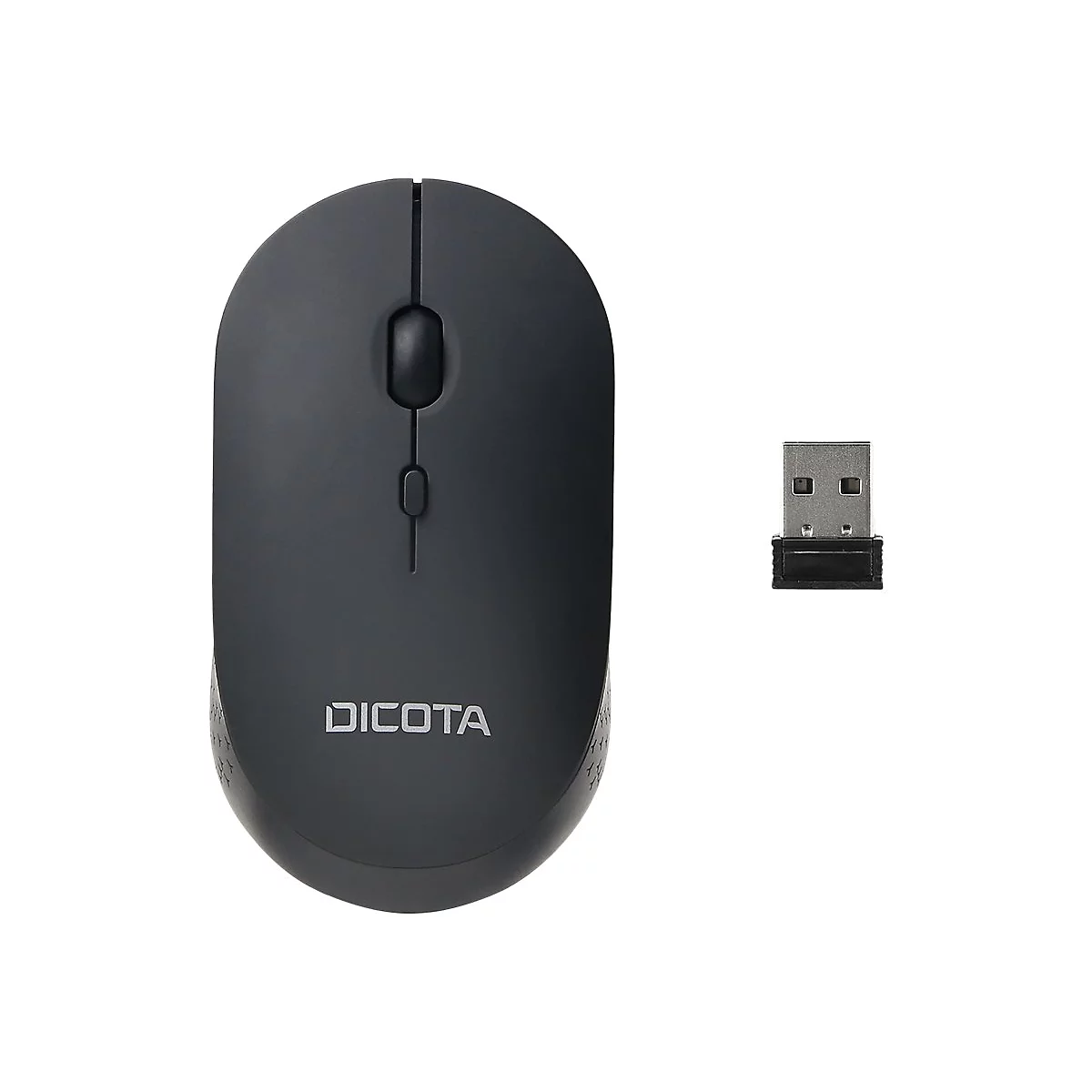 Drahtlose Computermaus in Grau mit USB-Empfänger. Auf der Maus steht "DICOTA".