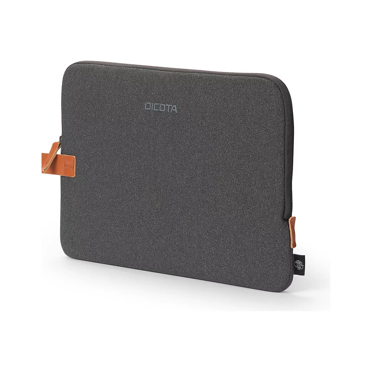 Dunkelgraue Laptoptasche mit Lederelementen und der Aufschrift "DICOTA".