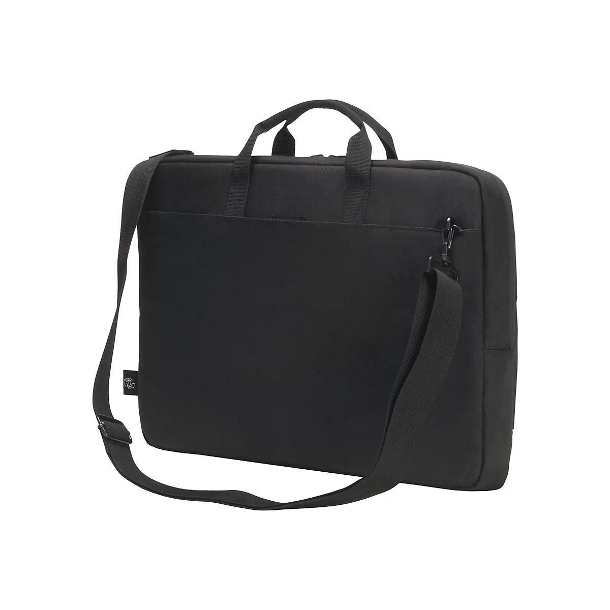 Schwarze Laptoptasche mit Tragegriff und Schultergurt. Auf der Vorderseite ein Logo.