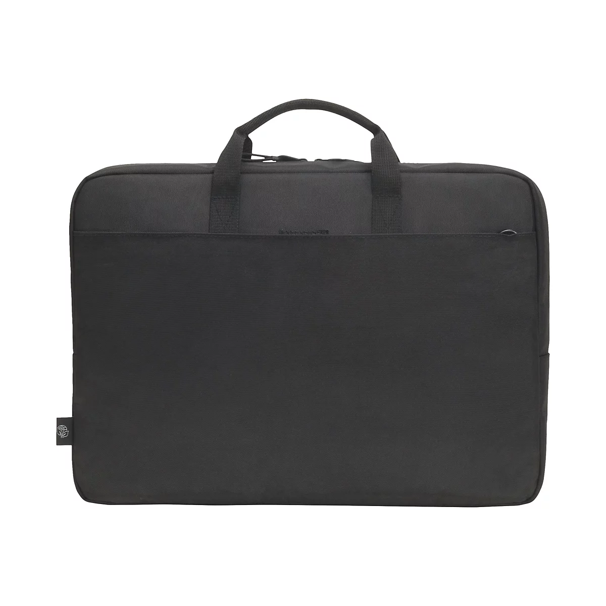 Schwarze Laptoptasche mit Tragegriff. Auf der Vorderseite befindet sich eine flache Tasche.
