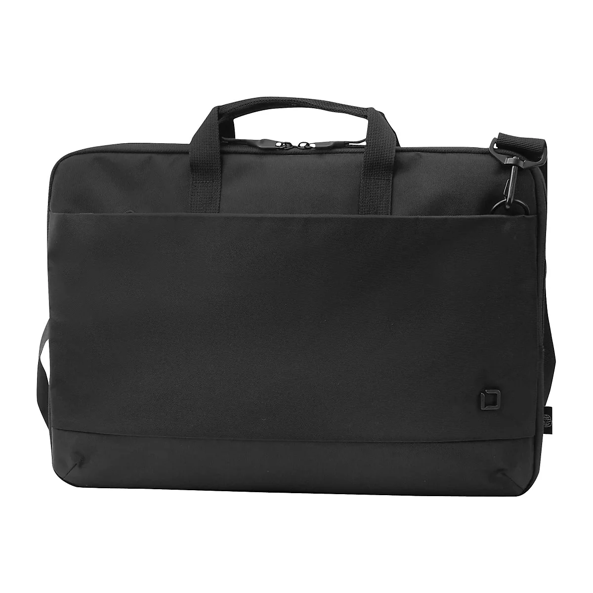 Schwarze Laptoptasche, mit Tragegriffen, Schultergurt und Reißverschluss.