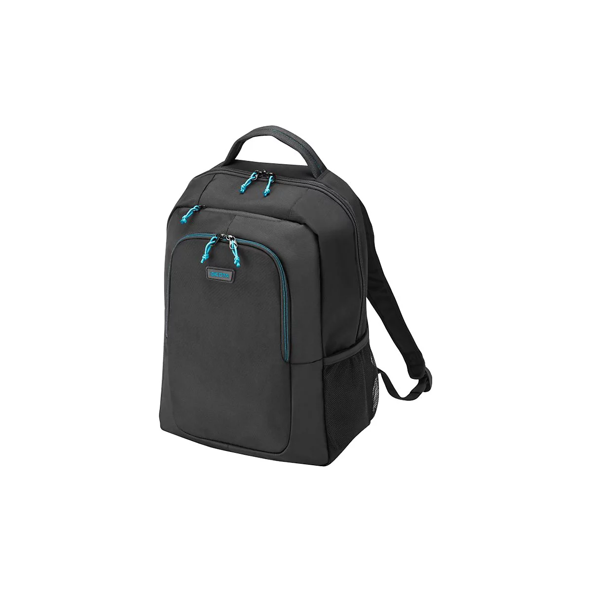 Schwarzer Rucksack, blaue Reißverschlüsse, DICOTA Logo.