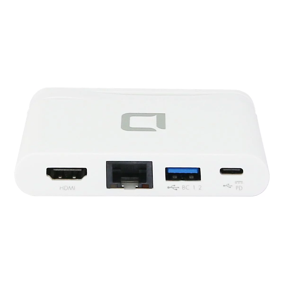 WeiÃŸes, rechteckiges GerÃ¤t mit HDMI, RJ45, USB und USB-C-AnschlÃ¼ssen. Logo.