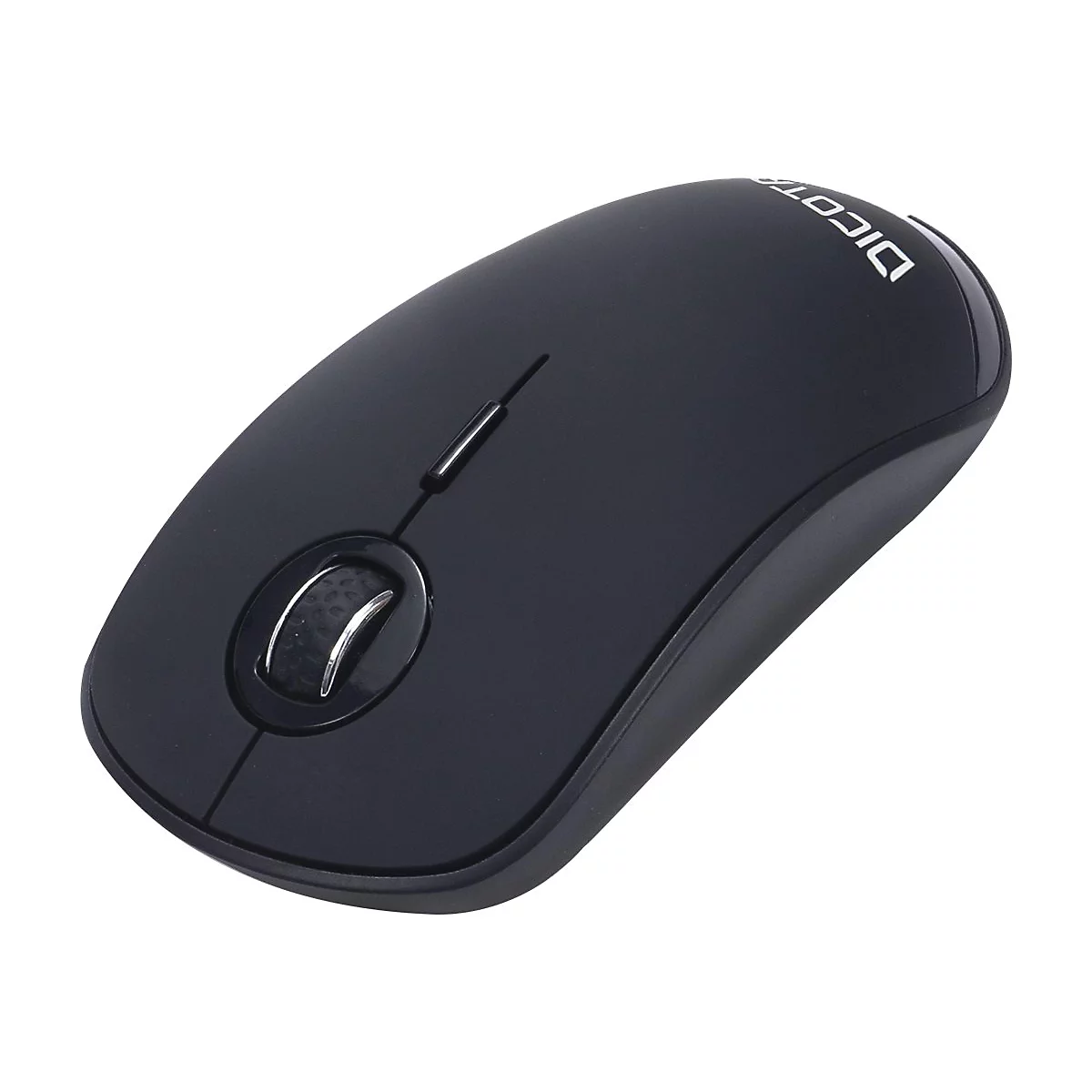 Souris d'ordinateur noire avec une molette de défilement argentée et l'inscription "DICOTA".