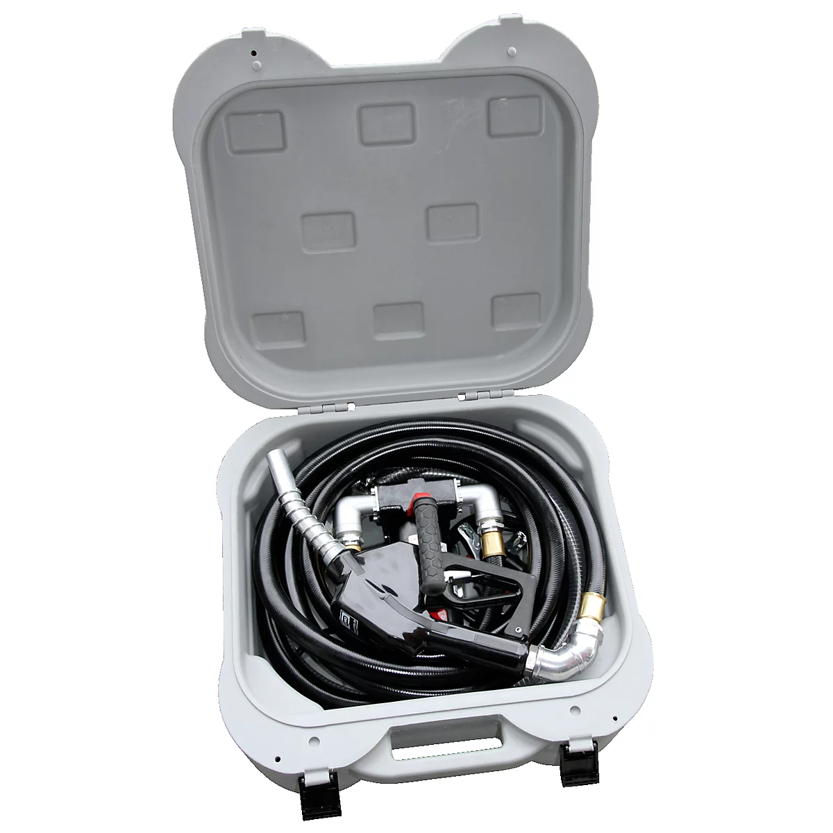 Grey case with an open lid. Inside, a black hose, a fuel nozzle, and connectors.