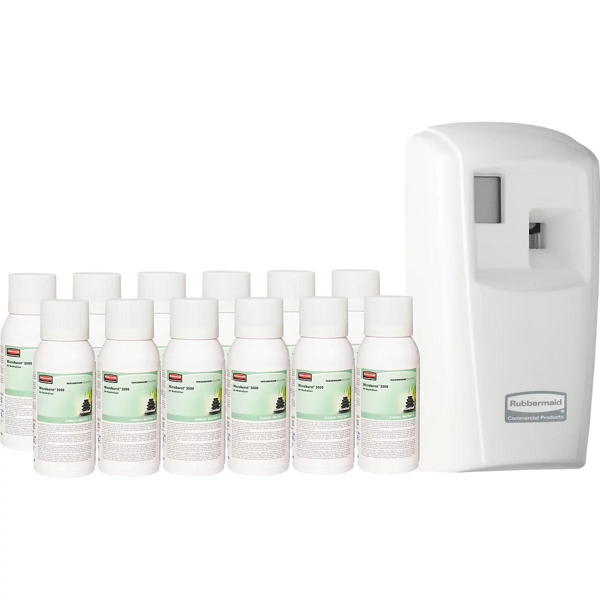 Diffuseur de parfum Rubbermaid Microburst-3000, y compris 12 recharges, Discrétion, jusqu'à 90 jours, programmable, L 187 x l 101 mm x H 82 mm, blanc