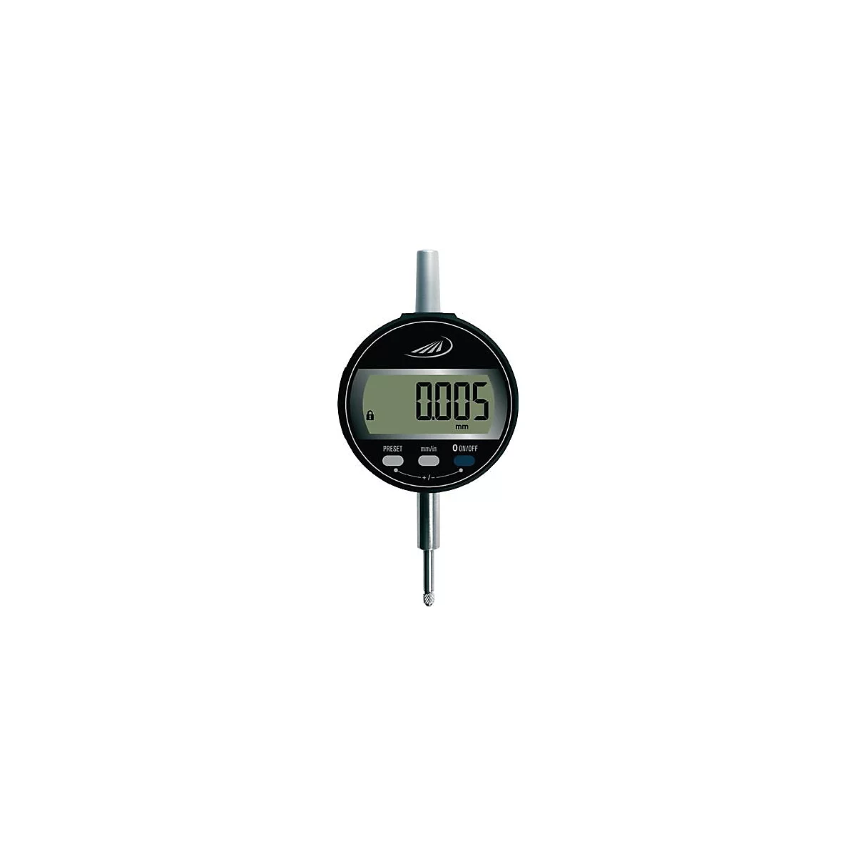 Digital caliper displaying 0.005 mm. Black casing, silver measuring tip.