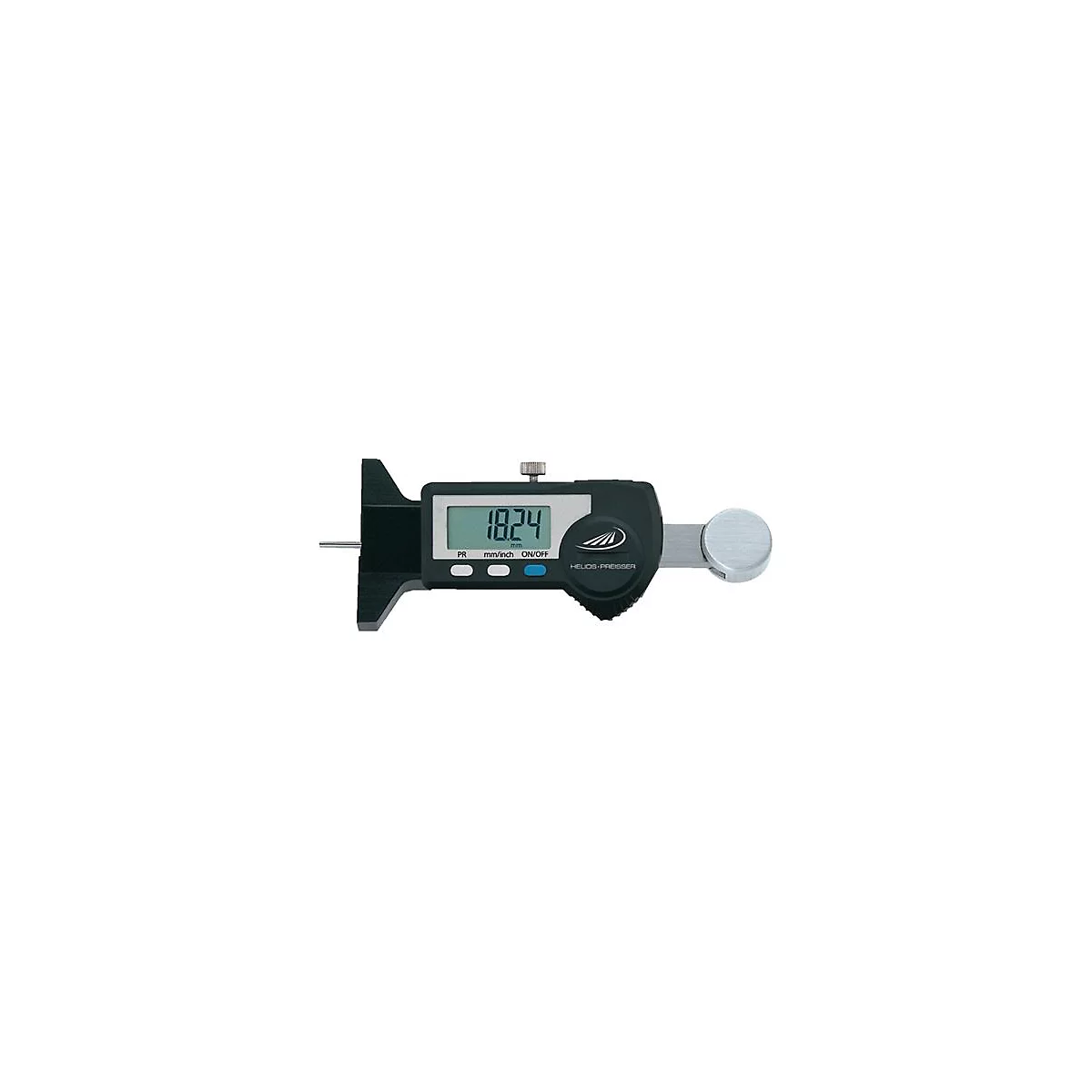 Digital depth gauge showing 18.24 mm. Black casing, silver measuring needle and rotary head. Inscription: Helios-Preisser.