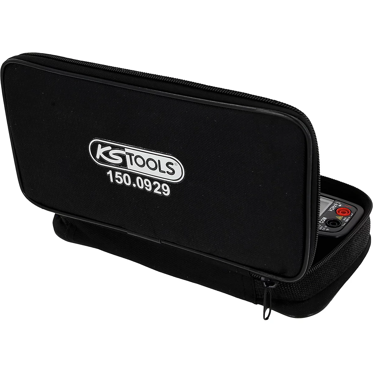 Schwarze Werkzeugtasche mit KS TOOLS Logo. Ein Multimeter ist teilweise sichtbar.