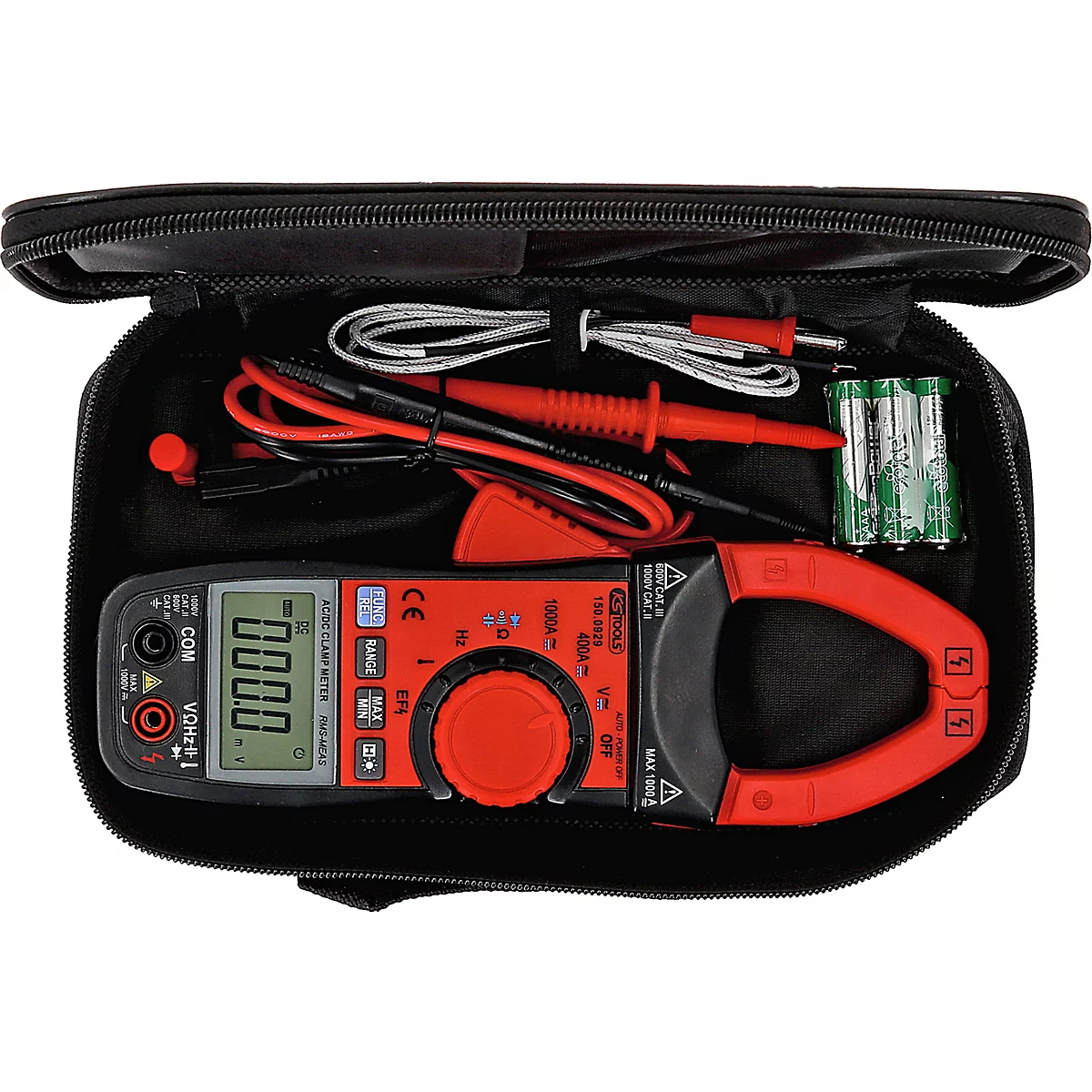 Ein rotes und schwarzes Multimeter mit geöffneter schwarzer Tragetasche und Zubehör.