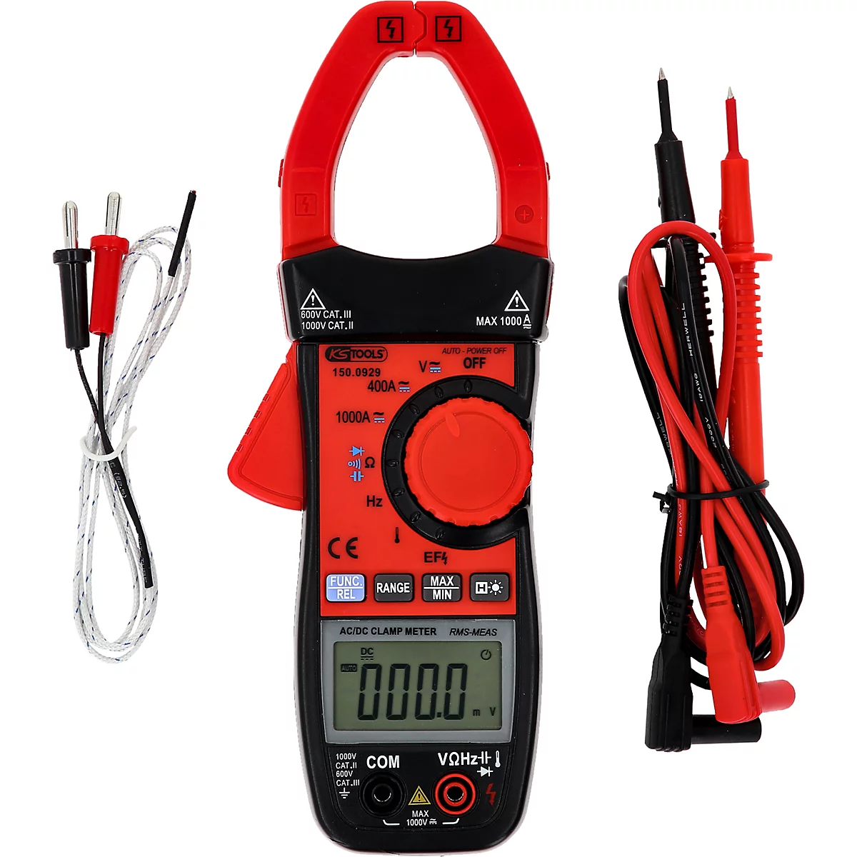 Ein rotes und schwarzes Amperemeter mit Messleitungen und Klemmen. Auf dem Display sind Ziffern zu sehen.